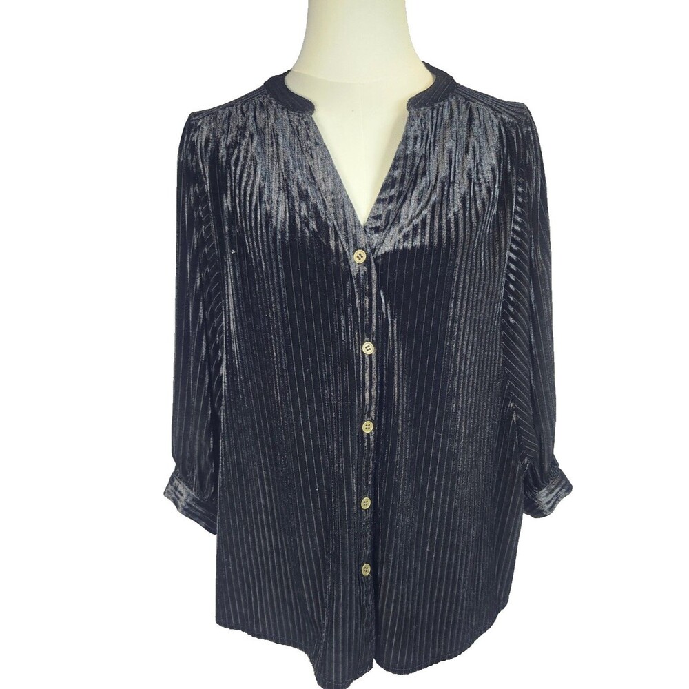 Umgee Women's Velvet 3/4 Sleeve Button-Down Top‎ Black Sz Appx XL/1X Whimsy goth